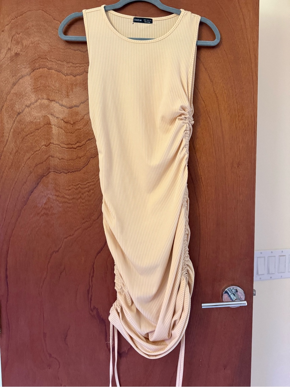 SHEIN Ribbed Ruched Midi Dress in Pale Yellow